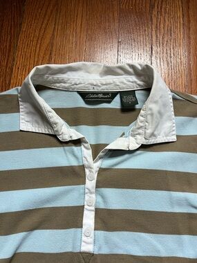 Eddie Bauer Striped Polo in Light Blue, Brown & White Collar